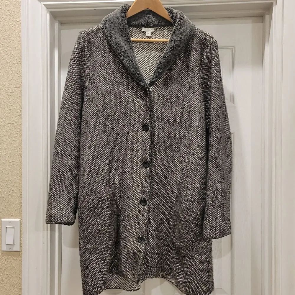J Jill Sweater cardigan coat, fleece lined collar, Large petite